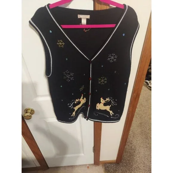 White Stag Ugly Christmas Sweater Vest Reindeer Snowflakes Size‎ 12/14 L Black - Picture 2 of 8